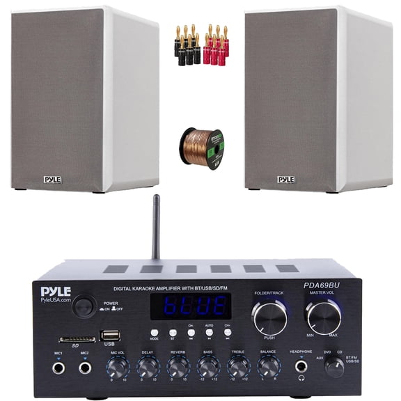 Pyle PDA69BU Bluetooth AUX/USB MP3/SD FM Radio Home Audio Sound Stereo Amplifier Receiver, 2x 5.25 200 Watts Max Power 2-Way HiFi Home Theater Bookshelf White Speakers, Speaker Wire, Banana Plugs