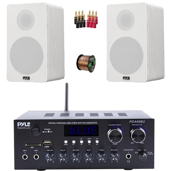 Pyle PDA69BU Bluetooth AUX/USB MP3/SD FM Radio Home Audio Sound Stereo Amplifier Receiver, 2x 6.5 240 Watt Max Power 2-Way HiFi Home Theater Bookshelf White Speakers, Speaker Wire, Banana Plugs