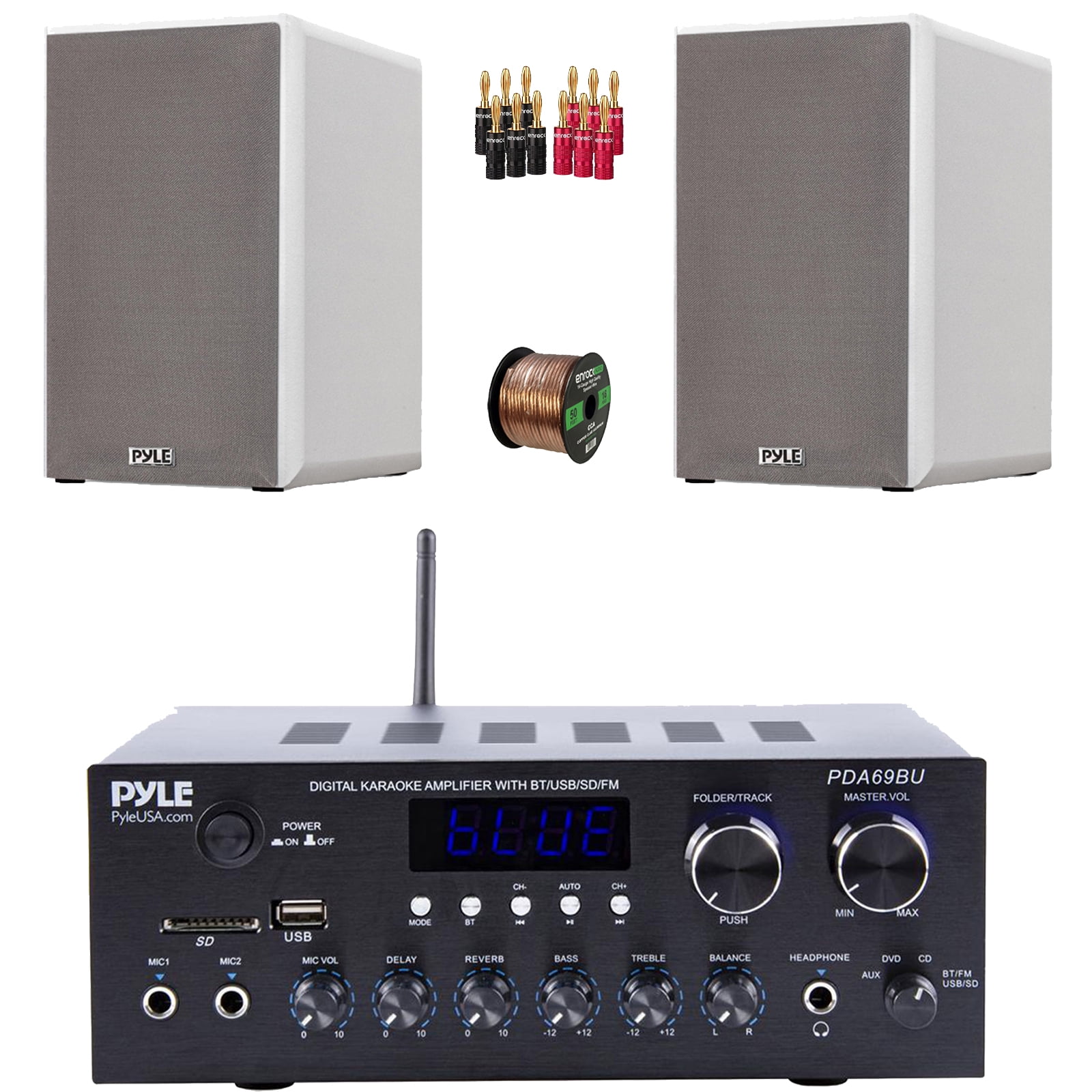 Pyle PDA69BU Bluetooth AUX/USB MP3/SD FM Radio Home Audio Sound Stereo Amplifier Receiver, 2x 6.5” 240 Watts Max Power 2-Way HiFi Home Theater Bookshelf White Speakers, Speaker Wire, Banana Plugs