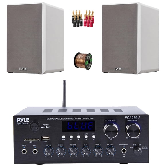 Pyle PDA69BU Bluetooth AUX/USB MP3/SD FM Radio Home Audio Sound Stereo Amplifier Receiver, 2x 6.5 240 Watts Max Power 2-Way HiFi Home Theater Bookshelf White Speakers, Speaker Wire, Banana Plugs