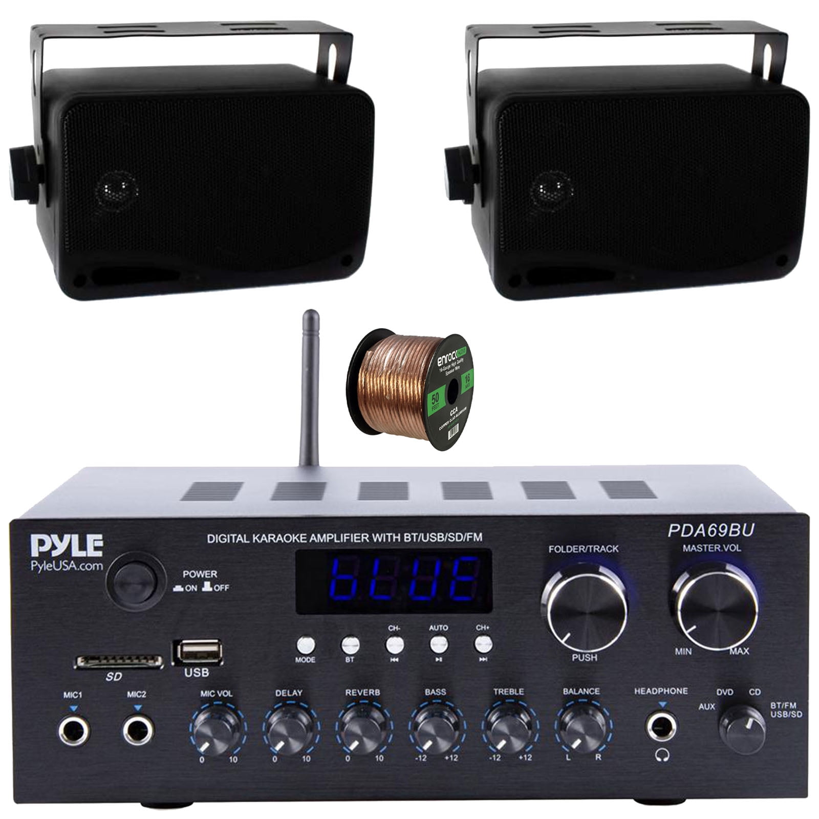 Pyle PDA69BU Bluetooth AUX/USB MP3/SD FM Radio Home Audio Sound System Stereo Amplifier Receiver, 2x Pyle 3.5'' 200W Max Power 3-Way Indoor/Outdoor Wall Mount Speakers, 50 Feet 16 Gauge Speaker Wire