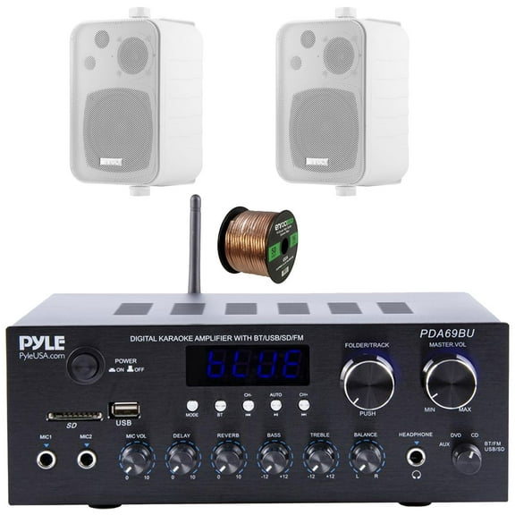 Pyle PDA69BU Bluetooth AUX/USB MP3/SD FM Radio Home Audio Sound System Stereo Amplifier Receiver, 2x Enrock 4" 30W Max Power 3-Way Indoor/Outdoor White Speakers, 50 Feet 16 Gauge Speaker Wire