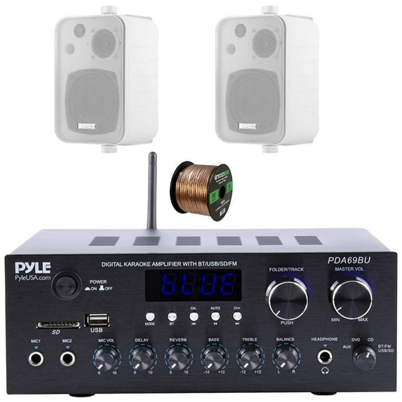 Pyle PDA69BU Bluetooth AUX/USB MP3/SD FM Radio Home Audio Sound System Stereo Amplifier Receiver, 2x Enrock 4" 30W Max Power 3-Way Indoor/Outdoor White Speakers, 50 Feet 16 Gauge Speaker Wire