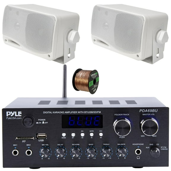 Pyle PDA69BU Bluetooth AUX/USB MP3/SD FM Radio Home Audio Sound System Stereo Amplifier Receiver, 2x Pyle 3.5'' 200W Max Power 3-Way Weather Proof Mini Box Speakers, 50 Feet 16 Gauge Speaker Wire