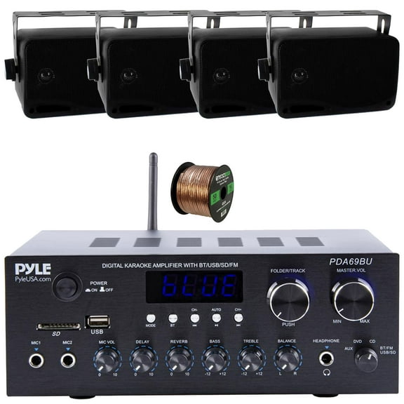 Pyle PDA69BU Bluetooth AUX/USB MP3/SD FM Radio Home Audio Sound System Stereo Amplifier Receiver, 4x Pyle 3.5'' 200W Max Power 3-Way Indoor/Outdoor Wall Mount Speakers, 50 Feet 16 Gauge Speaker Wire