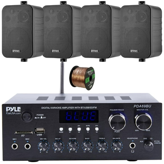 Pyle PDA69BU Bluetooth AUX/USB MP3/SD FM Radio Home Audio Sound System Stereo Amplifier Receiver, 4x Enrock 4" 30W Max Power 3-Way Indoor/Outdoor Black Speakers, 50 Feet 16 Gauge Speaker Wire