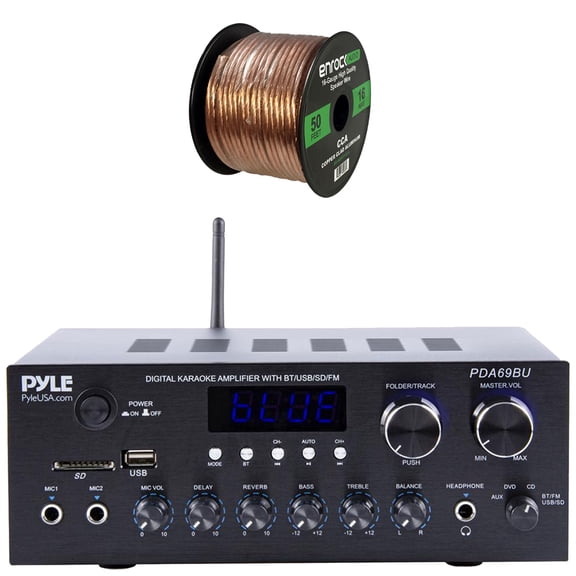 Pyle PDA69BU Bluetooth AUX/USB MP3/SD FM Radio Home Audio Sound System Stereo Amplifier Receiver Bundle Combo With 50 Feet 16 Gauge Speaker Wire
