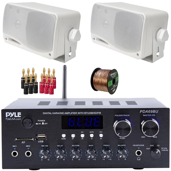 Pyle PDA69BU Bluetooth USB/AUX MP3 Player FM Radio Home Audio Stereo Amplifier Receiver, 2x Pyle PLMR24 3.5'' 200W Max Power 3-Way Weather Proof White Mini Box Speakers, Banana Plugs, Speaker Wire