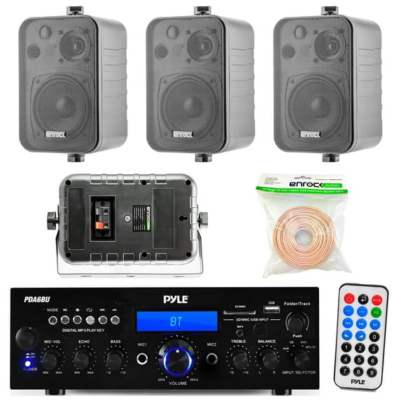 Pyle PDA6BU 200-Watt 2-Channel Digital USB/AUX AM/FM Radio Stereo Amplifier Receiver, Bundle Combo With 4x Enrock EKMR408B 4" Inch 200-Watt 3-Way Black Box Speakers + 50 Feet 18-Gauge Speaker Wire