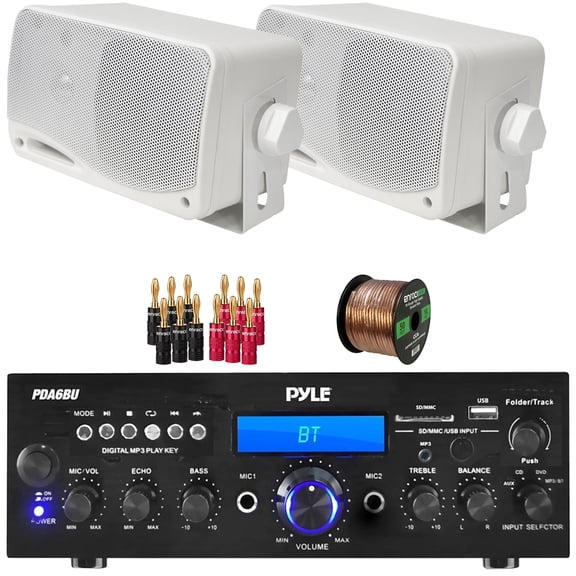 Pyle PDA6BU 200-Watt Bluetooth USB/AUX Home Audio Stereo Receiver, 2x Pyle PLMR24 3.5'' 200 Watt Max Power 3-Way Weather Proof White Mini Box Speakers, Banana Plugs, 50 Feet 16 Gauge Speaker Wire