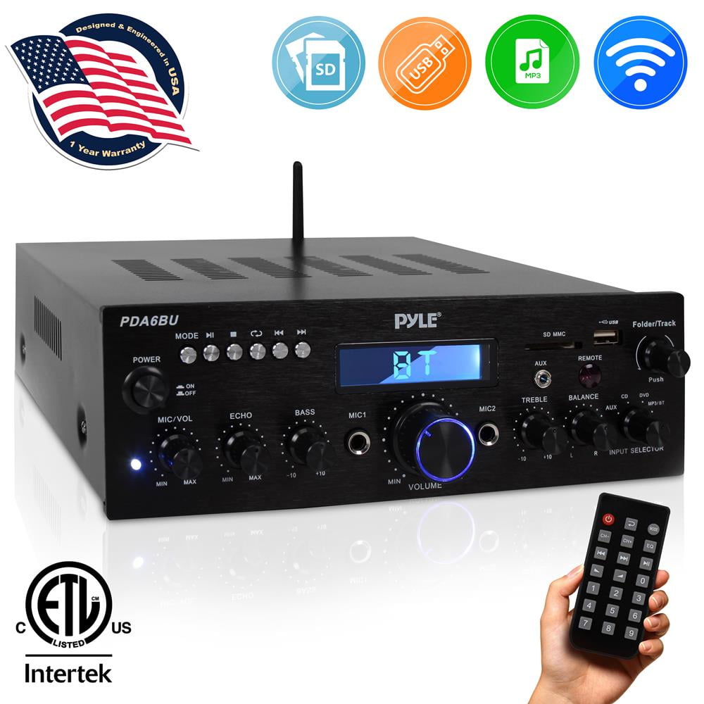 Pyle Pfa600bu Compact Bluetooth USB Aux FM Radio Public Address Amplifier Receiver System Combo Bundle with 2x 5.25 inch 400W Max Power Indoor/Outdoor