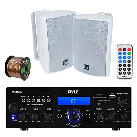 Pyle PDA6BU Amplifier Receiver Stereo, Bluetooth, FM Radio, USB Flash Reader, Aux input LCD Display, 200 Watt With Dual LU47PB Indoor/Outdoor Speakers Bundle With Enrock 50ft 16g Speaker Wire