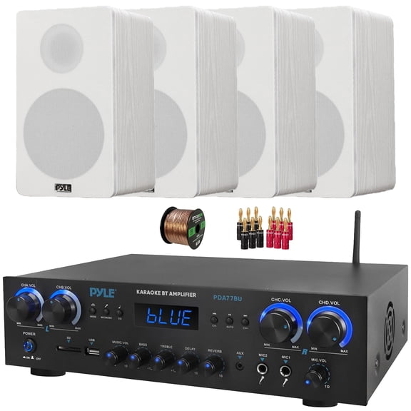 Pyle PDA77BU 4-Channel Bluetooth MP3/USB/SD/RCA/AUX FM Radio Home Theater Receiver, 4x 6.5 240 Watt Max Power 2-Way HiFi Home Theater Bookshelf White Speakers, 50 Feet 16 Gauge Speaker Wire