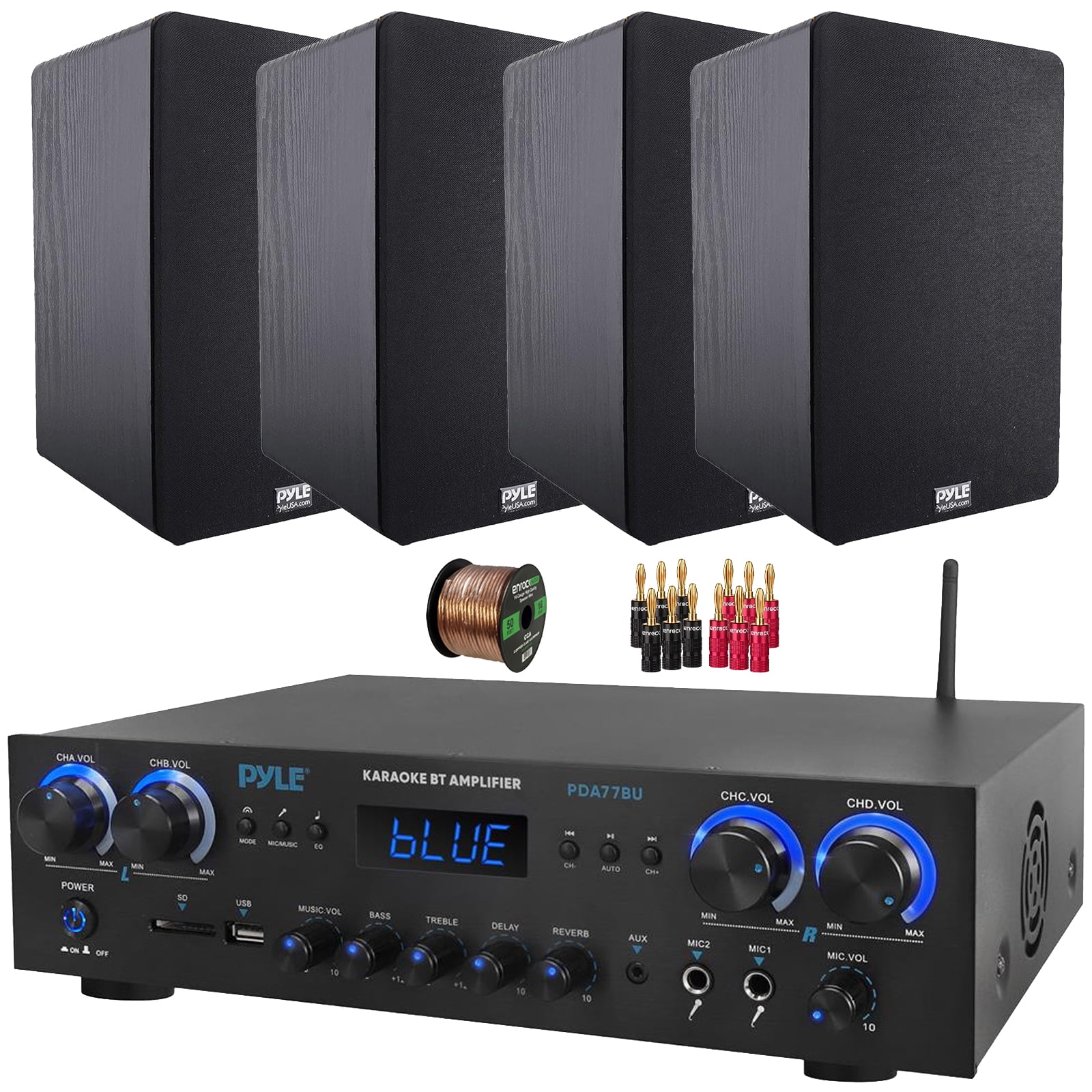 Pyle PDA77BU 4-Channel Bluetooth MP3/USB/SD/RCA/AUX FM Radio Home Theater Receiver, 4x 6.5'' 240 Watt Max Power Home Theater Wooden Bookshelf Black Speakers, 50 Feet 16 Gauge Speaker Wire
