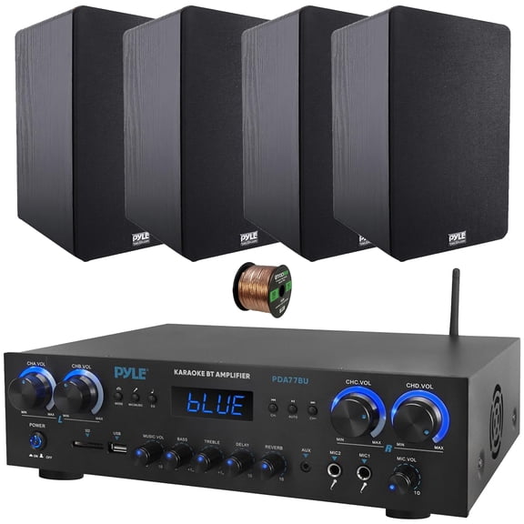 Pyle PDA77BU 4-Channel Bluetooth MP3/USB/SD/RCA/AUX FM Radio Home Theater Receiver, 4x 6.5'' 240 Watt Max Power Home Theater Wooden Bookshelf Black Speakers, 50 Feet 16 Gauge Speaker Wire