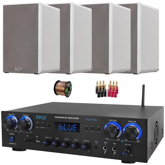 Pyle PDA77BU 4-Channel Bluetooth MP3/USB/SD/RCA/AUX FM Radio Home Theater Receiver, 4x 6.5 240 Watts Max Power 2-Way HiFi Home Theater Bookshelf White Speakers, 50 Feet 16 Gauge Speaker Wire