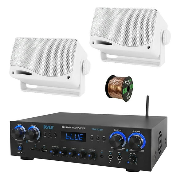Pyle PDA77BU 4-Channel Home Theater Bluetooth MP3/USB/SD/RCA/AUX FM Radio Receiver, 2x 3.5" 200 Watt 3-Way Indoor/Outdoor Wall Mount Speakers (White), 50 ft 16 Gauge Speaker Wire