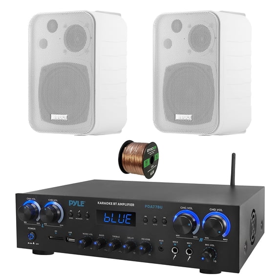Pyle PDA77BU 4-Channel Home Theater Bluetooth MP3/USB/SD/RCA/AUX FM Radio Receiver, 2x 4" 30 Watt 3-Way Water-Resistant Indoor/Outdoor Speakers (White), 50 ft Speaker Wire