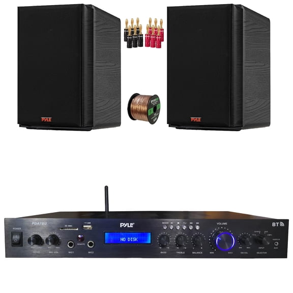 Pyle PDA7BU Bluetooth USB/AUX MP3 Player SD FM Home Theater Audio Black Amplifier Receiver, 2x 5.25 200W Max Power 2-Way HiFi Home Theater Bookshelf Black Speakers, Speaker Wire, Banana Plugs