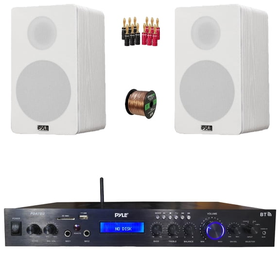 Pyle PDA7BU Bluetooth USB/AUX MP3 Player SD FM Home Theater Audio Black Amplifier Receiver, 2x 6.5 240 Watt Max Power 2-Way HiFi Home Theater Bookshelf White Speakers, Speaker Wire, Banana Plugs