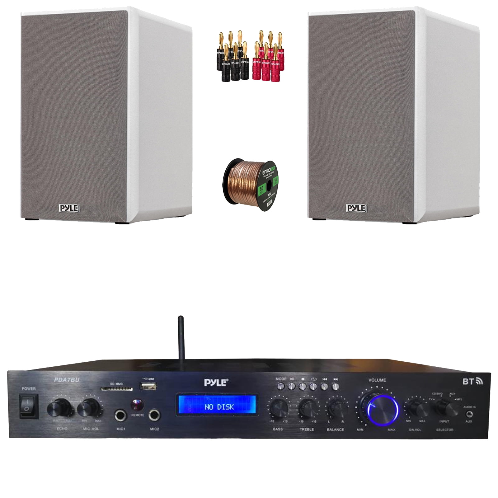 Pyle PDA7BU Bluetooth USB/AUX MP3 Player SD FM Home Theater Audio Black Amplifier Receiver, 2x 6.5” 240 Watts Max Power 2-Way HiFi Home Theater Bookshelf White Speakers, Speaker Wire, Banana Plugs