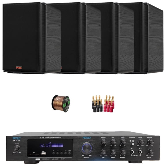 Pyle PDA8BU 5.1 Channel Bluetooth USB/AUX MP3 Player SD/FM Radio Home Audio Receiver with Remote Control, 2x 5.25 200W Max Power 2-Way HiFi Home Theater Bookshelf Black Speakers, Wire, Banana Plugs