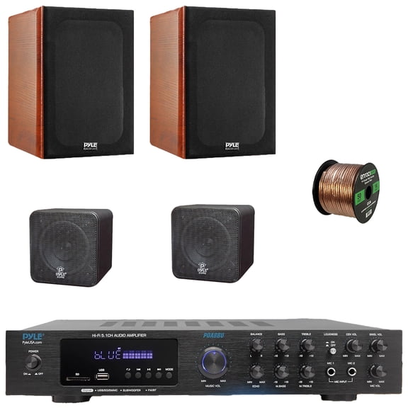 Pyle PDA8BU 5.1 Channel Bluetooth USB/AUX MP3 Player SD/FM Radio Home Audio Receiver with Remote Control, 2x 5.25'' 200W Max Bookshelf Black Speakers, 2x 4'' 200W Max Mini Cube Speakers, Speaker Wire