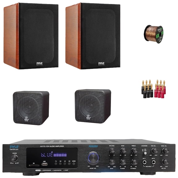 Pyle PDA8BU 5.1 Channel Bluetooth USB/AUX MP3 Player SD/FM Radio Home Audio Receiver with Remote Control, 2x 5.25'' 200W Max Bookshelf Speakers, 2x 4'' 200W Max Mini Cube Speakers, Wire, Banana Plugs