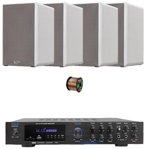 Pyle PDA8BU 5.1 Channel Bluetooth USB/AUX MP3 Player SD/FM Radio Home Audio Receiver with Remote Control, 4x 6.5 240W Max Power 2-Way HiFi Home Theater Bookshelf White Speakers, 50 Feet Speaker Wire