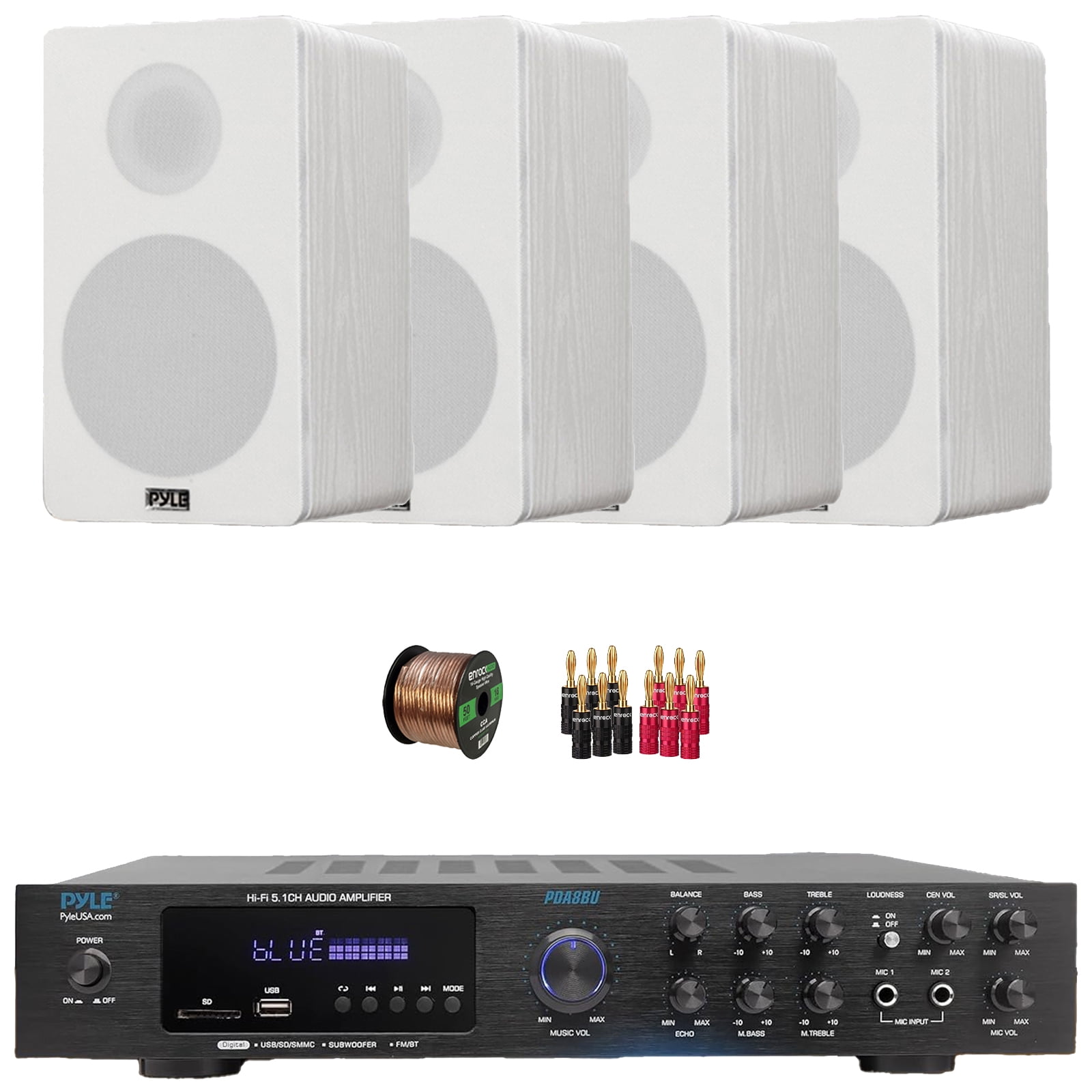 Pyle PDA8BU 5.1 Channel Bluetooth USB/AUX MP3 Player SD/FM Radio Home Audio Receiver with Remote Control, 4x 6.5 240W Peak 2-Way HiFi Home Theater Bookshelf White Speakers, Wire, Banana Plugs