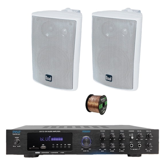 Pyle PDA8BU 5.1 Channel Home Audio Theater Bluetooth MP3/USB/SD/AUX/FM Radio Receiver, 2x 4" 200 Watt Max 3-Way Indoor/Outdoor Wall Mount Audio Speakers (White), 50 ft 16 Gauge Speaker Wire