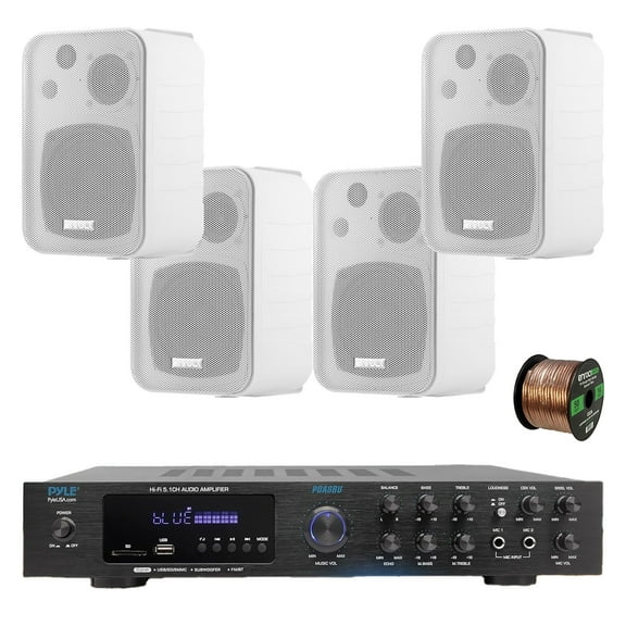 Pyle PDA8BU 5.1 Channel Home Audio Theater Bluetooth MP3/USB/SD/AUX/FM Radio Receiver, 4x 4" 30 Watt Peak 3-Way Water-Resistant Indoor/Outdoor Audio Speakers (White), 50 ft 16 Gauge Speaker Wire