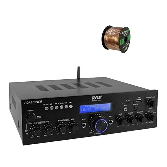 Pyle PDA8BUWM 2-Channel Home Theater Bluetooth MP3/USB/SD/AUX/FM Radio Receiver with 50 ft 16 Gauge Speaker Wire