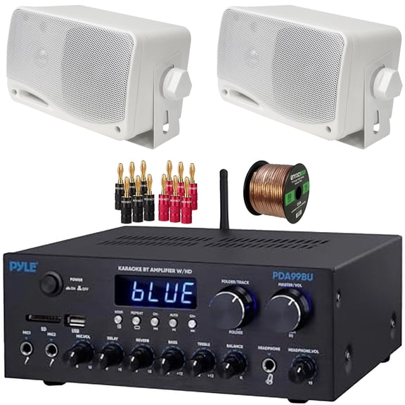 Pyle PDA99BU Bluetooth USB/AUX HDMI/MP3 Player FM Radio Home Audio Amplifier Receiver, 2x Pyle PLMR24 3.5'' 200 Watt Max Power 3-Way Weather Proof White Mini Box Speakers, Banana Plugs, Speaker Wire