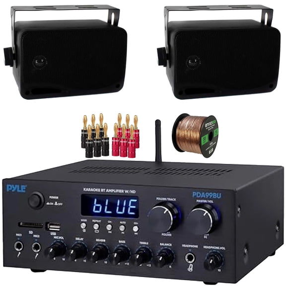 Pyle PDA99BU Bluetooth USB/AUX HDMI/MP3 Player FM Radio Home Audio Amplifier Receiver, 2x Pyle PLMR24B 3.5'' 200W Max Power 3-Way Indoor/Outdoor Wall Mount Black Speakers, Banana Plugs, Speaker Wire