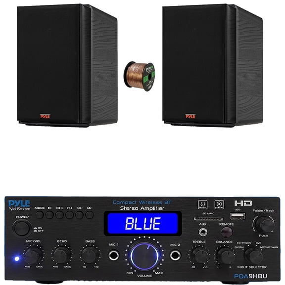 Pyle PDA9HBU 2-Channel Bluetooth HiFI Audio Optical/HDMI/USB/SD FM Radio Home Theater Receiver, 2x 5.25 200W Max Power 2-Way HiFi Home Theater Bookshelf Black Speakers, 50 Feet 16 Gauge Speaker Wire