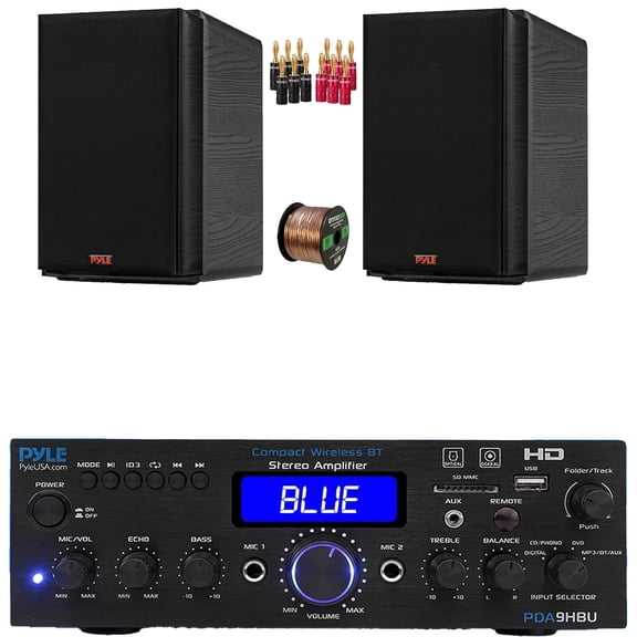 Pyle PDA9HBU 2-Channel Bluetooth HiFI Audio Optical/HDMI/USB/SD FM Radio Home Theater Receiver, 2x 5.25 200W Max Power 2-Way HiFi Home Theater Bookshelf Black Speakers, Speaker Wire, Banana Plugs