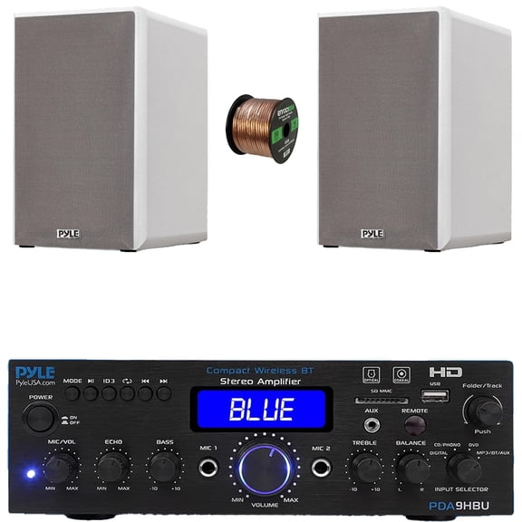 Pyle PDA9HBU 2-Channel Bluetooth HiFI Audio Optical/HDMI/USB/SD FM Radio Home Theater Receiver, 2x 5.25 200W Max Power 2-Way HiFi Home Theater Bookshelf White Speakers, 50 Feet 16 Gauge Speaker Wire