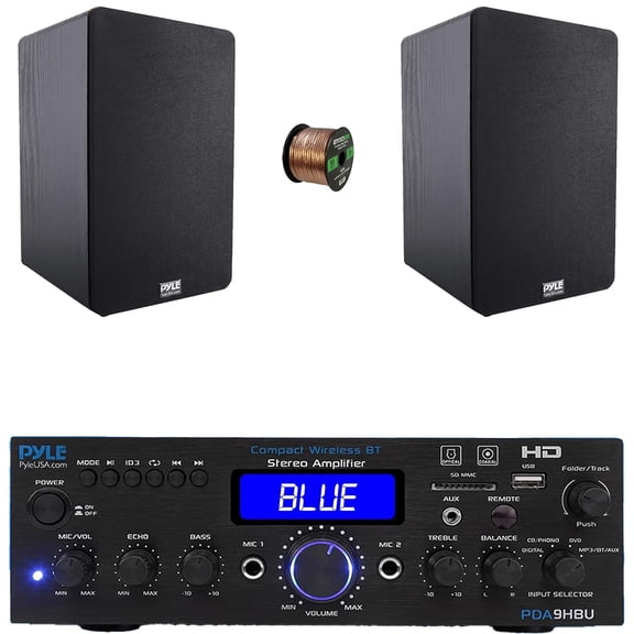 Pyle PDA9HBU 2-Channel Bluetooth HiFI Audio Optical/HDMI/USB/SD FM Radio Home Theater Receiver, 2x 6.5'' 240 Watt Max Power Home Theater Wooden Bookshelf Black Speakers, 50 Feet 16 Gauge Speaker Wire