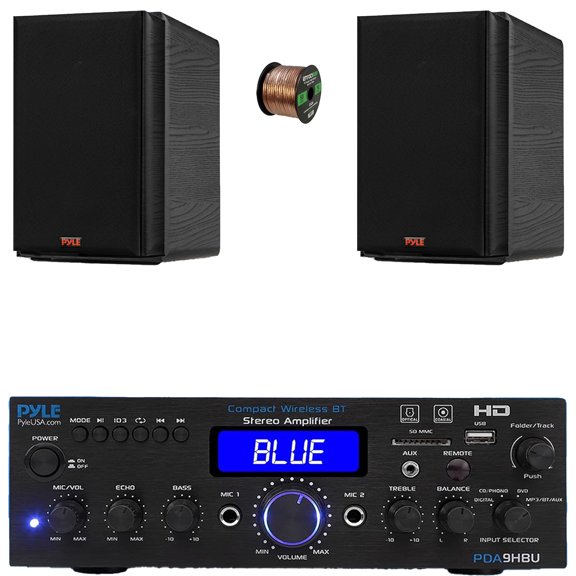 Pyle PDA9HBU 2-Channel Bluetooth HiFI Audio Optical/HDMI/USB/SD FM Radio Home Theater Receiver, 2x 6.5 240W Max Power 2-Way HiFi Home Theater Bookshelf Black Speakers, 50 Feet 16 Gauge Speaker Wire
