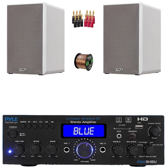 Pyle PDA9HBU 2-Channel Bluetooth HiFI Audio Optical/HDMI/USB/SD FM Radio Home Theater Receiver, 2x 6.5 240W Max Power 2-Way HiFi Home Theater Bookshelf White Speakers, Speaker Wire, Banana Plugs