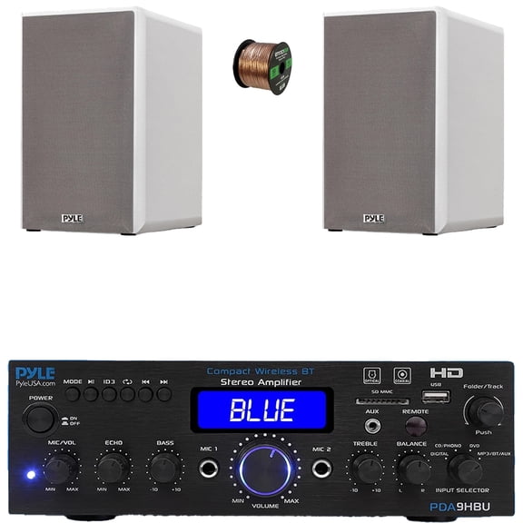Pyle PDA9HBU 2-Channel Bluetooth HiFI Audio Optical/HDMI/USB/SD FM Radio Home Theater Receiver, 2x 6.5 240W Max Power 2-Way HiFi Home Theater Bookshelf White Speakers, 50 Feet 16 Gauge Speaker Wire