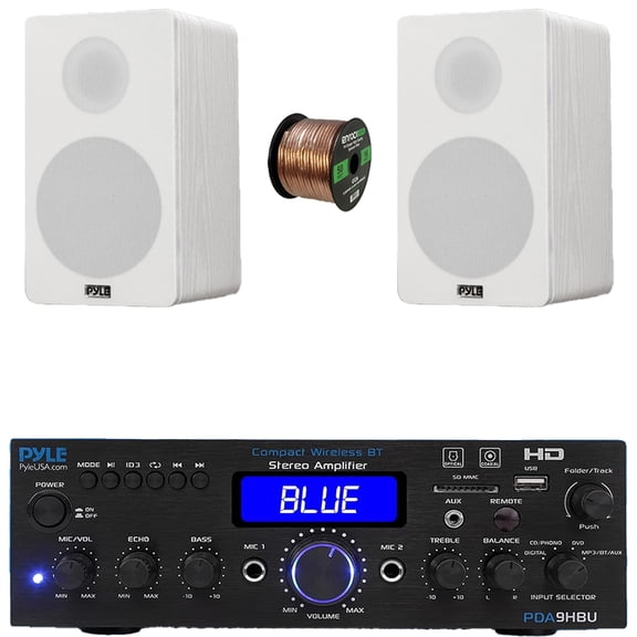 Pyle PDA9HBU 2-Channel Bluetooth HiFI Audio Optical/HDMI/USB/SD FM Radio Home Theater Receiver, 2x 6.5 240W Peak Power 2-Way HiFi Home Theater Bookshelf White Speakers, 50 Feet 16 Gauge Speaker Wire