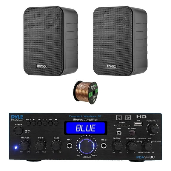 Pyle PDA9HBU 2-Channel Home Theater Bluetooth HiFI Audio Optical/HDMI/USB/SD FM Radio Receiver, 2x 4" 30 Watt 3-Way Water-Resistant Indoor/Outdoor Audio Speakers (Black), 50 ft 16 Gauge Speaker Wire