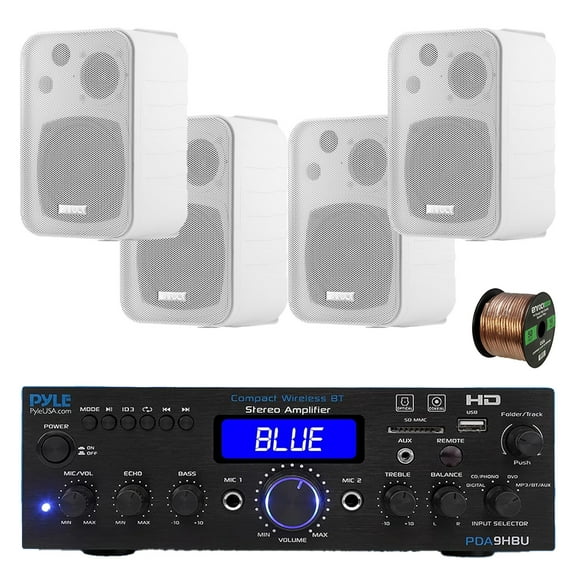 Pyle PDA9HBU 2-Channel Home Theater Bluetooth HiFI Audio Optical/HDMI/USB/SD FM Radio Receiver, 4x 4" 30 Watt 3-Way Water-Resistant Indoor/Outdoor Audio Speakers (White), 50 ft 16 Gauge Speaker Wire