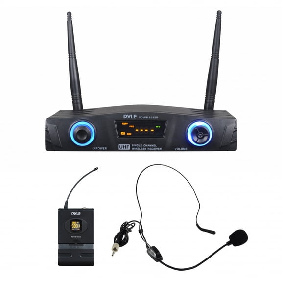 PYLE PDWM1988B - Compact UHF Pro Wireless Microphone System - USB Powered Desktop Mic Receiver System with Adjustable Volume Control, Includes Belt-Pack Transmitter, Headset Mic & Lavalier Mic (Single