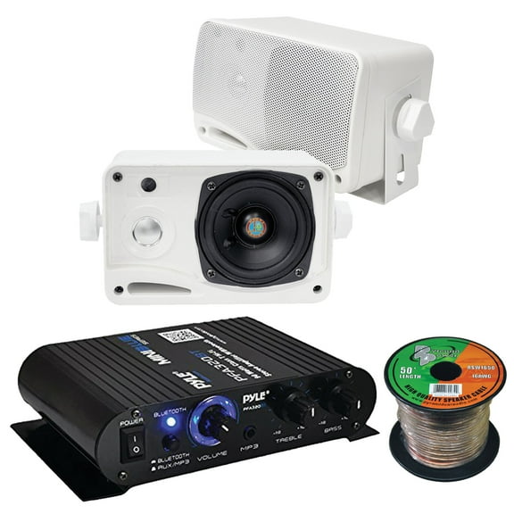 Pyle PFA330BT 2-Channel 90 Watt Max Power Bluetooth AUX Compact Class T Amplifier System Combo Bundle with 2x 3.5'' 200W Peak Power 3-Way Weather Proof Mini White Box Speakers, 16 Gauge Speaker Wire