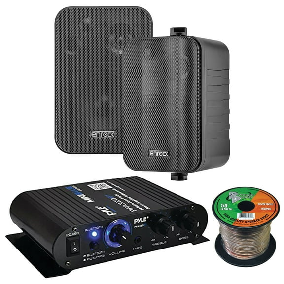 Pyle PFA330BT 2-Channel 90 Watt Max Power Bluetooth AUX Compact Class T Amplifier System Combo Bundle with 2x 4" 30 Watts Max Power 3-Way In Door/Out Door Black Box Speakers, 16 Gauge Speaker Wire