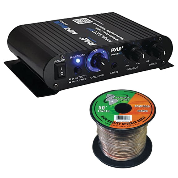 Pyle PFA330BT 2-Channel 90 Watt Max Power Bluetooth AUX Compact Class T Amplifier System Combo Bundle with 16 Gauge Speaker Wire