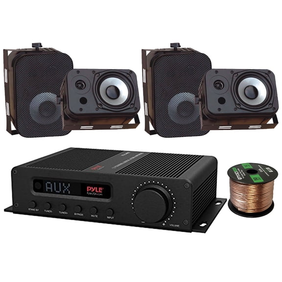 Pyle PFA540BT 5-Channel Hi-Fi Compact Bluetooth FM Radio Audio Amplifier Receiver System Bundle Combo with 4x 5.25" 400W Peak Power Indoor/Outdoor Black Waterproof Speakers, 16 Gauge Speaker Wire